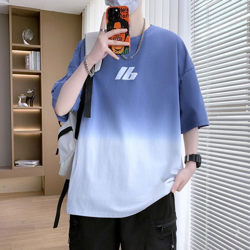 2025Summer New Men's Youth Casual Stylish Trendy Loose Short Sleeve T Shirt Gradient Color for Middle and High School Students