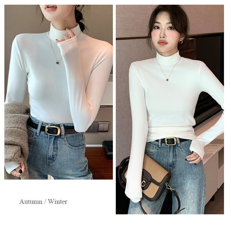 Half Turtleneck Double-Sided Thermal Base Shirt for Women, Spring and Autumn Style, Stylish Inner Wear, Solid Color, Fleece-Lined, Thickened, Warm Long-Sleeve Top