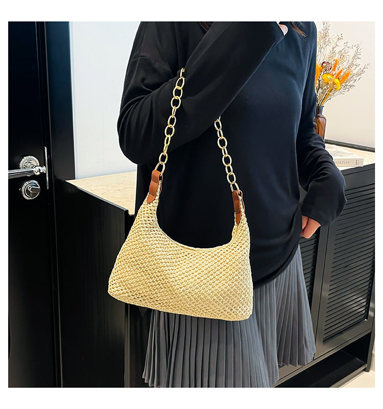 South Korea ins Vintage Woven Tote Bag Straw Bag Large Capacity Underarm Bag Shoulder Bag Vacation Style Beach Bag for Women