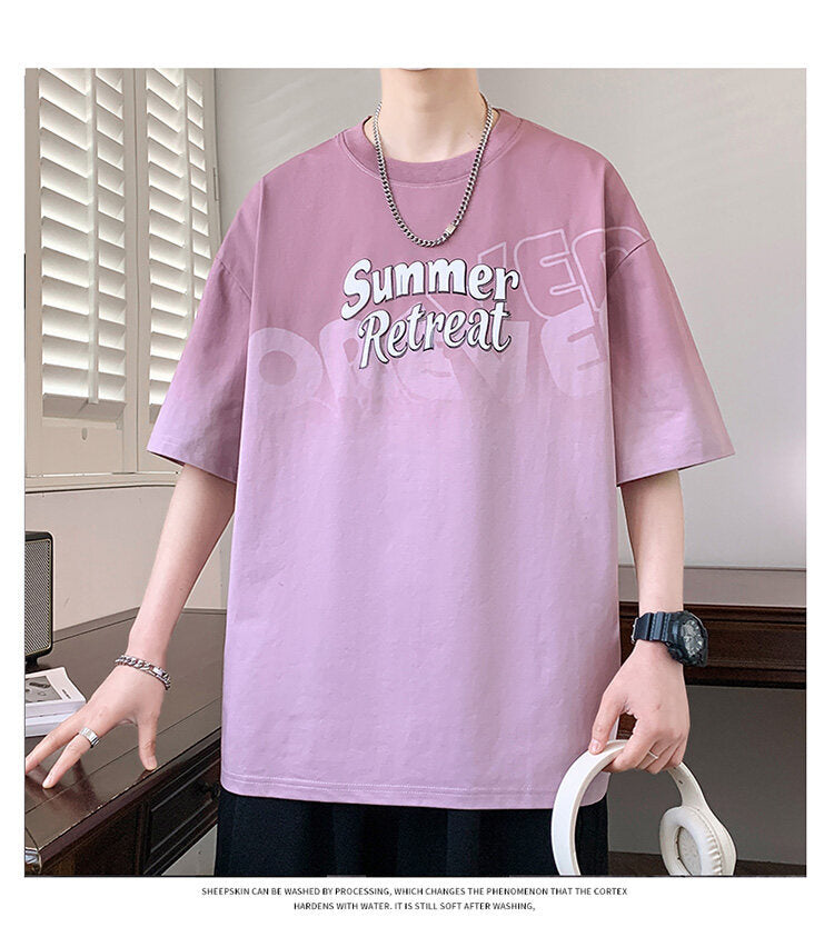 2025Summer new gradient color short sleeves t Men's Cool Loose Half Sleeve Shirt T Trendy Brand Crew Neck Casual T-Shirt
