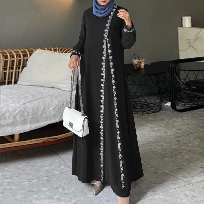 H726#Muslim Women's Clothing Lace Long Robe Dress Fashion Long Sleeve Vest Women's Spring Casual Dress
