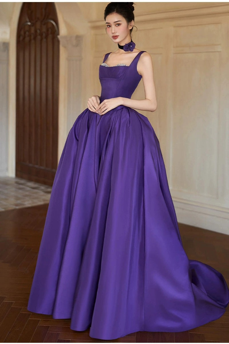 Purple suspender elegant evening dress for birthday party and coming-of-age ceremony2025New Sleeveless Long Dress Satin Elegant Gown