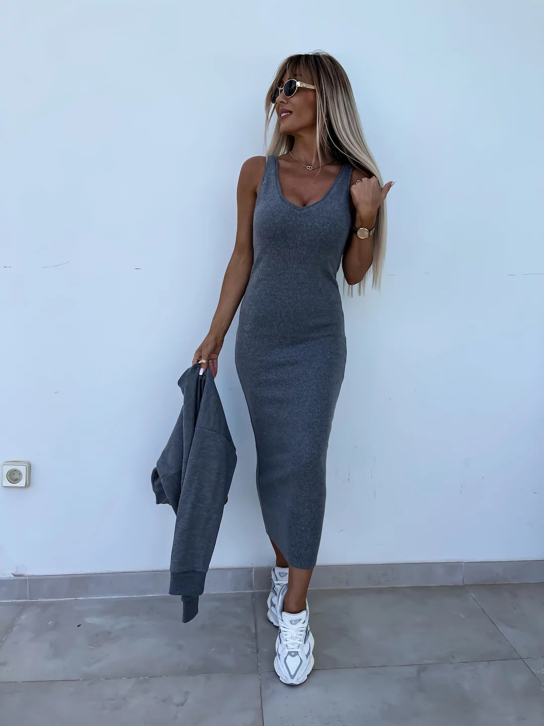 Amazon European and American Cross-Border New Spring Summer Women's Solid Color Clothing V Collar Long Sleeve Sweater Sling Slim Fit Long Dress2Set