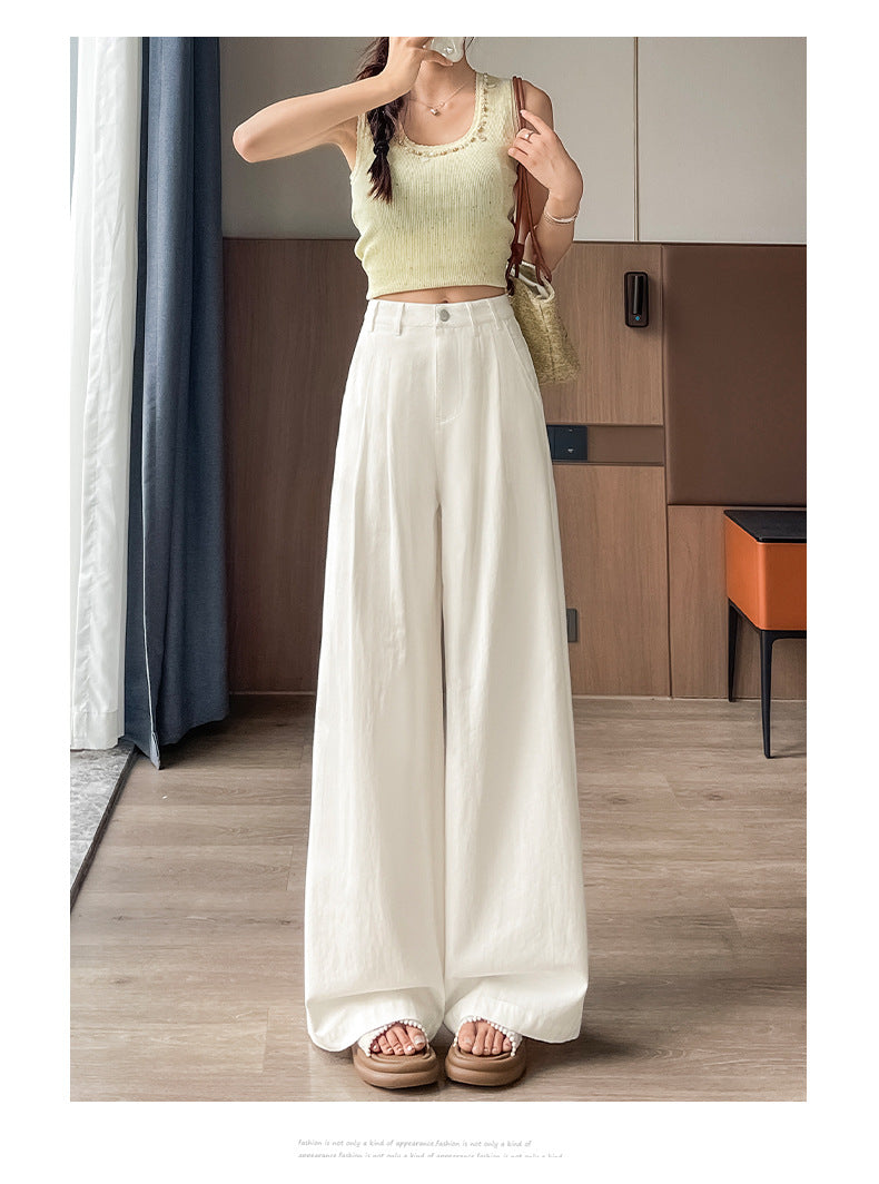 Pure White Simple Style Washed Cotton Jeans for Women High Waist Loose Slimming Straight Leg Draped Casual Versatile Long Pants