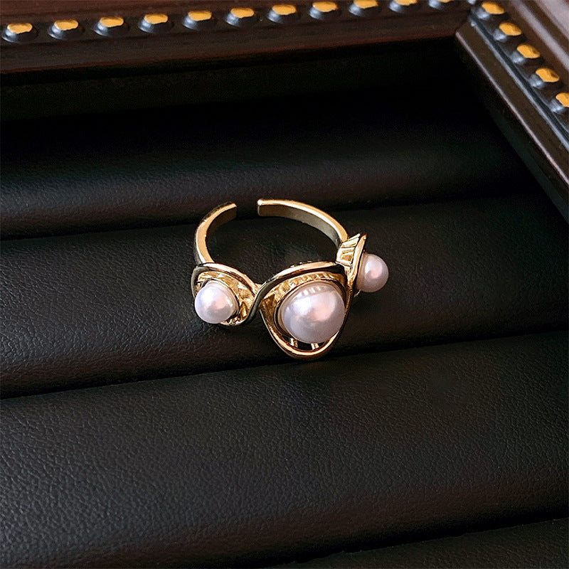 Real Gold Plated Baroque Pearl Tulip Flower Open Ring Korean Fresh Sweet Forest Style Light Luxury Jewelry