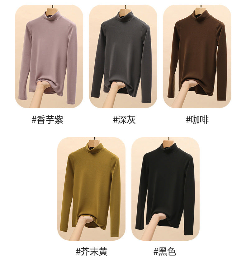 Half Turtleneck Double-Sided Thermal Base Shirt for Women, Spring and Autumn Style, Stylish Inner Wear, Solid Color, Fleece-Lined, Thickened, Warm Long-Sleeve Top