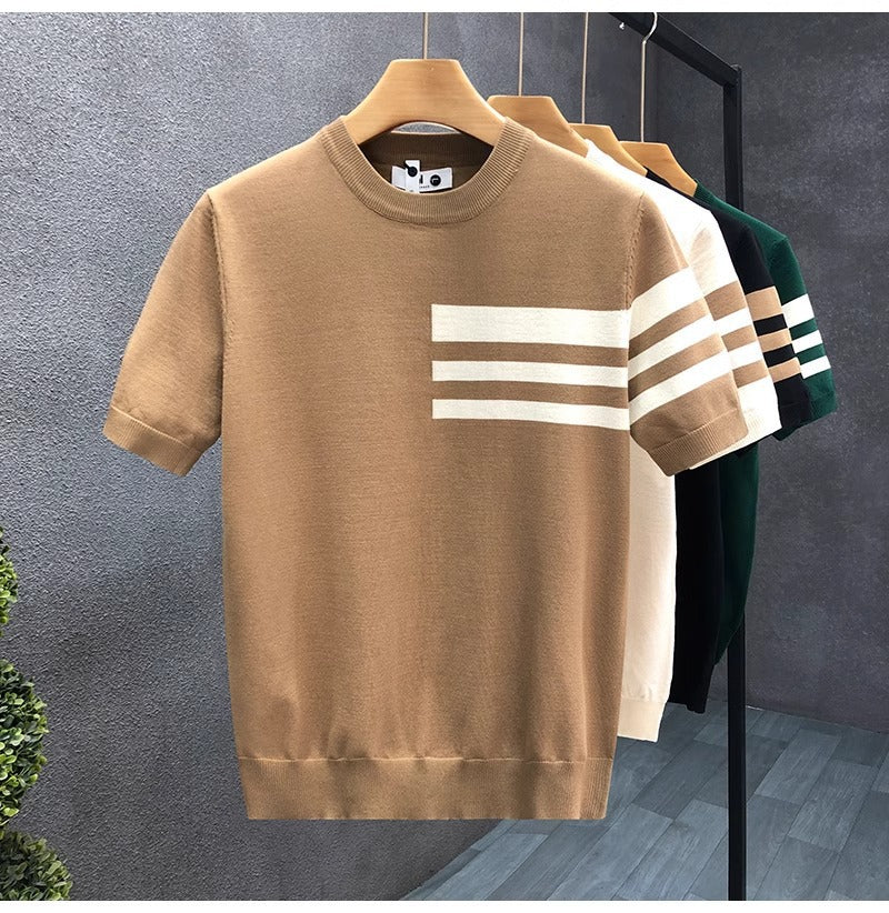2025New Short Sleeve Knitted Shirt for Men, Striped, Simple, High-End Business, Mature, Slim Fit, Ice Silk T Men's Shirt
