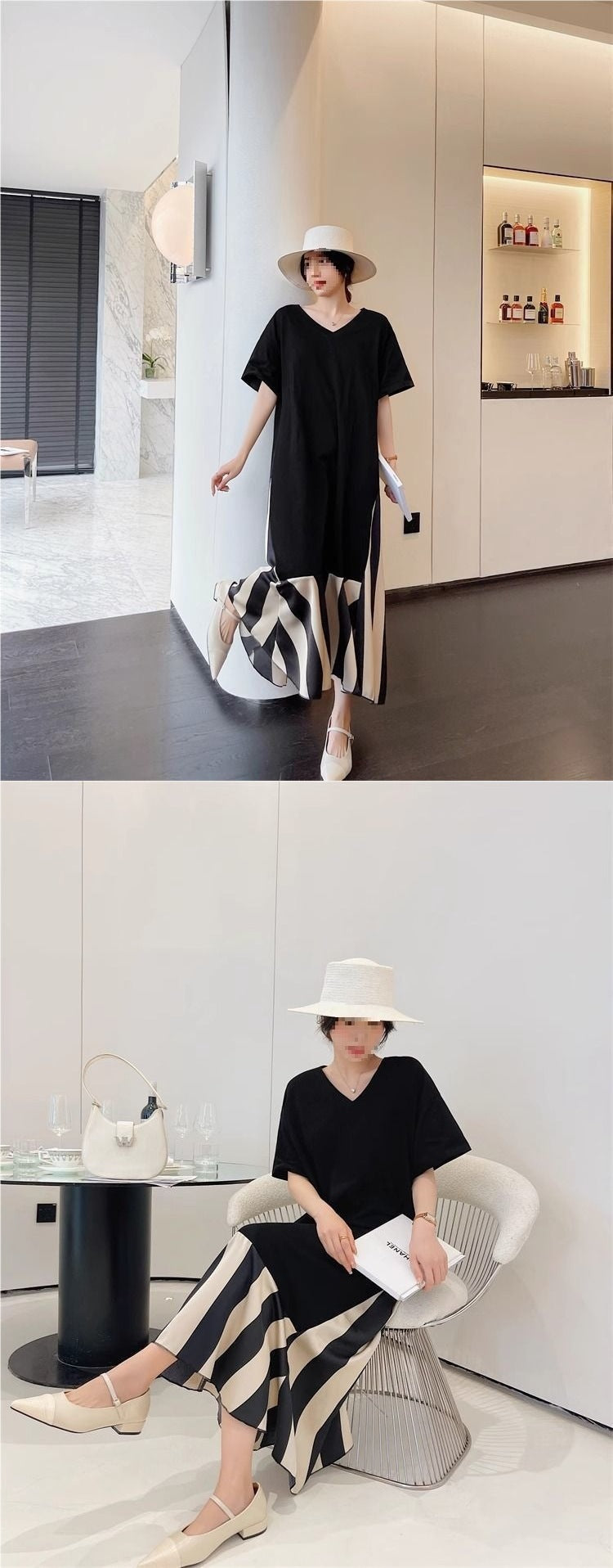 Plus Size Women's Fashion Luxury2-300Loose-fitting summer dress for plus-size women mm Slimming Long Style V Collar T T-shirt Skirt