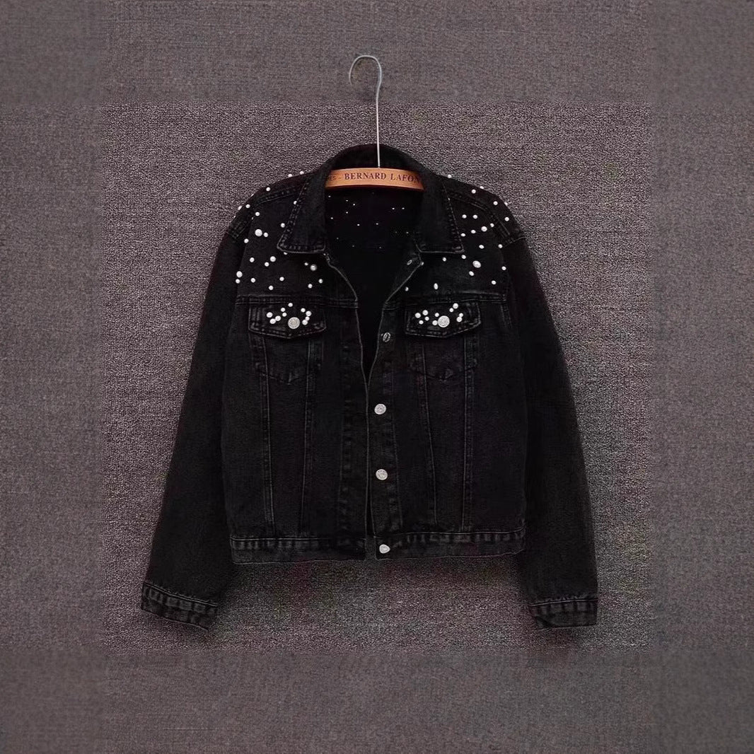 Amazon Cross-Border Southeast Asia Heavy Fashion Beaded Short Denim Jacket for Women Pearl Plus Size Jacket ns Top