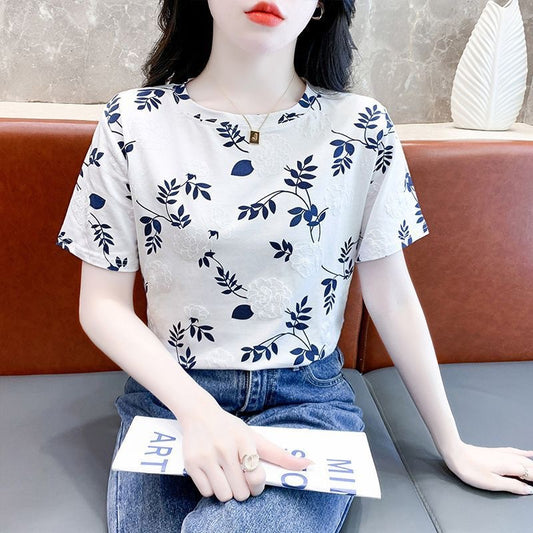 Cross-border new product milk silk round neck short-sleeved women's clothing T Floral Print Foam Base Shirt Loose Fit Women's Top