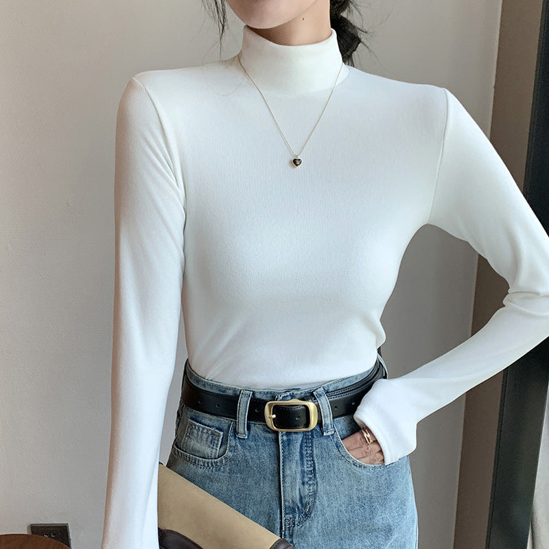 Half Turtleneck Double-Sided Thermal Base Shirt for Women, Spring and Autumn Style, Stylish Inner Wear, Solid Color, Fleece-Lined, Thickened, Warm Long-Sleeve Top