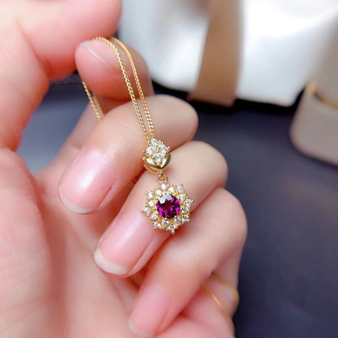 Jewelry Set Non-Fading Exquisite Collarbone Chain Ring Pendant Earrings Plated18K Gold Sparkling Diamond Amethyst Necklace for Women