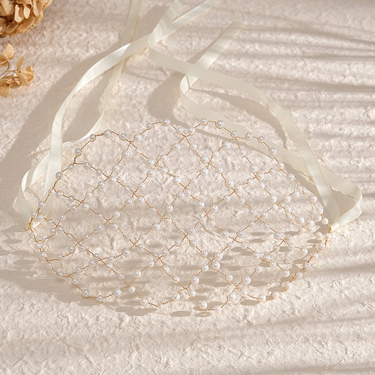 European and American Bride Accessories Wedding Dress Hairband Handmade Pearl Mesh Hair Press Headpiece Exotic Style Accessories Headband