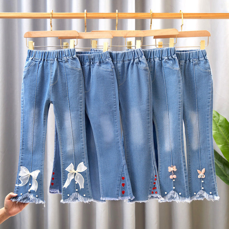 Children's Clothing Wholesale Girls' Jeans Spring and Autumn New Style Medium and Large Children's Slim Pants Baby Casual Girls' Flared Long Pants