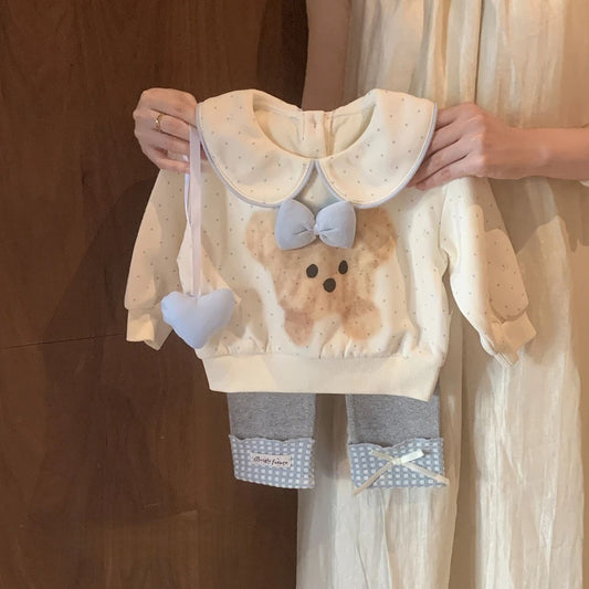 Sweet Little Girl Outfit Set for Spring and Autumn, New Fashionable Bear Doll Collar Sweatshirt with Plaid Patchwork Base for Baby Girls