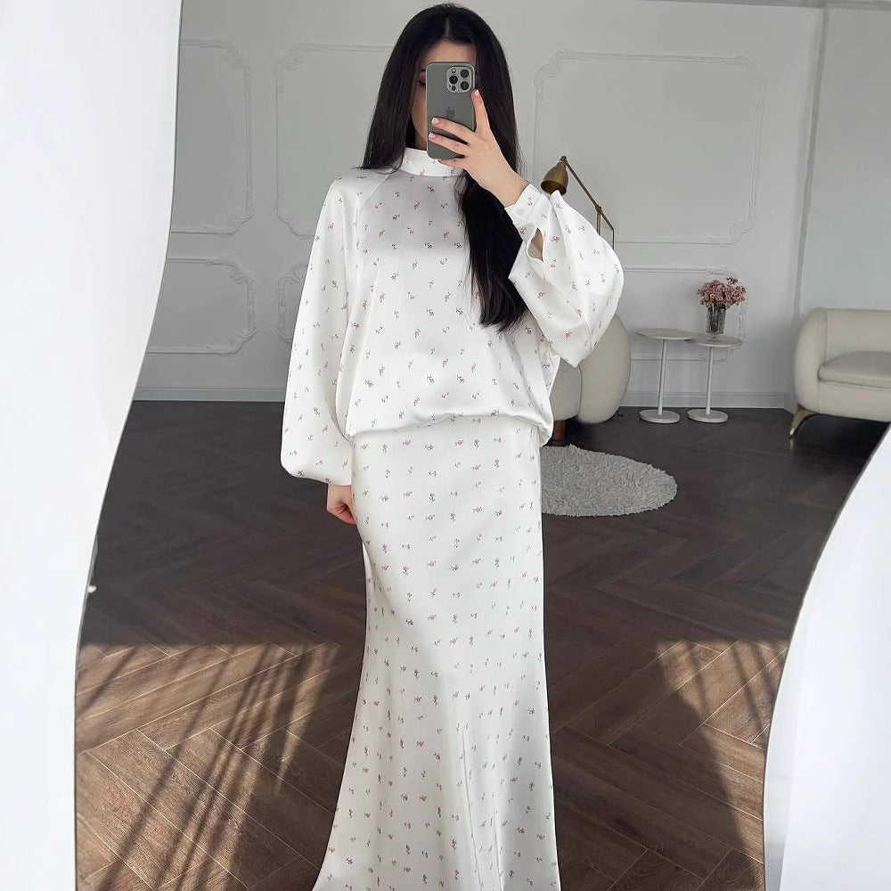 2025Autumn European and American Cross-Border New Loose Comfortable Elegant Shirt Sleeve Floral Top Half Skirt Set Women's Clothing