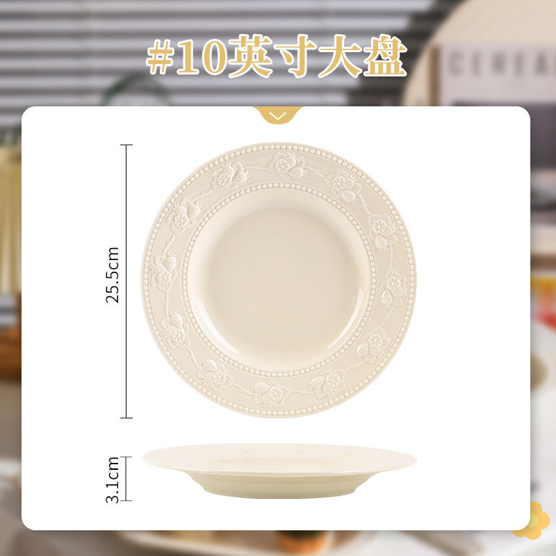 French Style Tableware Bowl and Plate Set for Home Use, High Aesthetic Value for Girls, Cute Ceramic Bowl Set, New Embossed Tableware