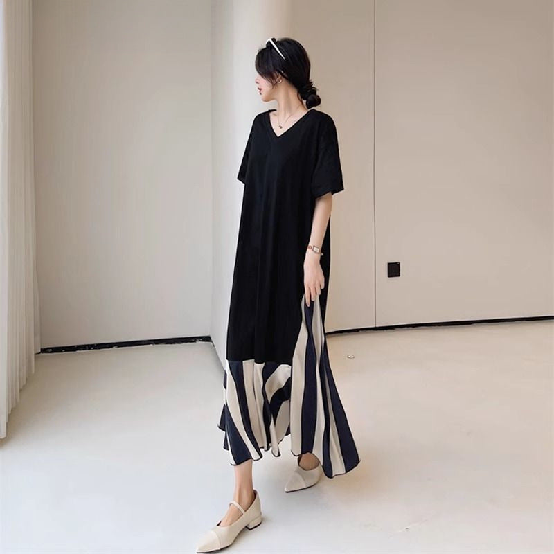 Plus Size Women's Fashion Luxury2-300Loose-fitting summer dress for plus-size women mm Slimming Long Style V Collar T T-shirt Skirt