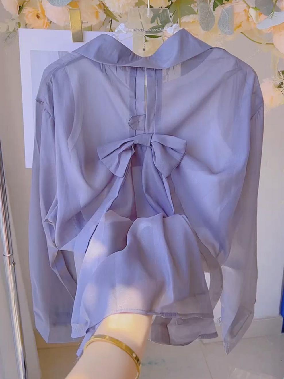 2025Summer Gentle Sweet Back Bow Pearl Sunscreen Blouse for Women Thin Sheer Chiffon Shirt Top
