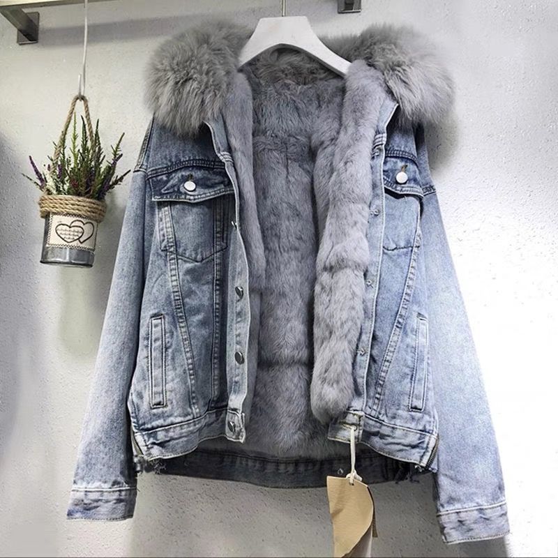 In-stock Short Cotton Jacket2025Winter Fleece-Lined New Cotton Jacket Loose Korean Style Denim Fur Collar Thickened Coat for Women