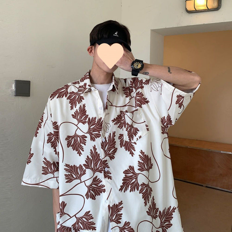 Summer Short Sleeve Floral Shirt for Men and Women Hawaiian Retro Hong Kong Style Loose Ice Silk Shirt Couple Outfit