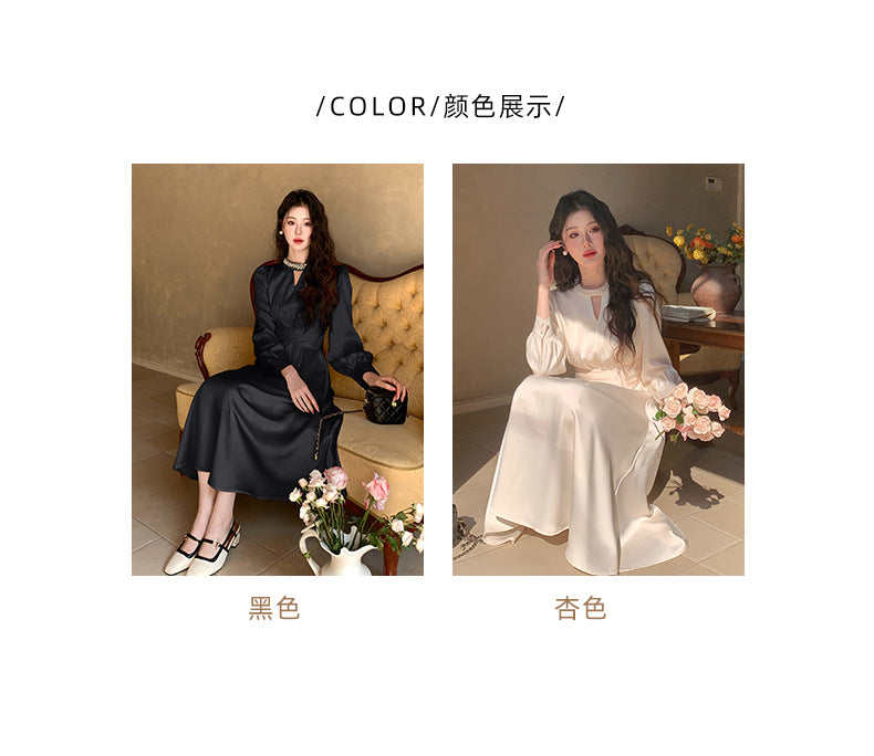 French A Line skirt2025Spring and Summer New Women's Long Sleeve Dress Waist Slimming Elegant Acetate Satin Long Dress