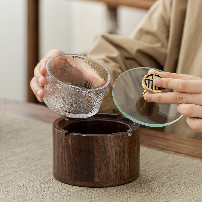 Walnut Ashtray for Home Living Room with Lid, Anti-Fly Ash, Stainless Steel Inner Liner, Creative Office Quality Ashtray