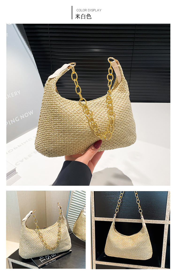 South Korea ins Vintage Woven Tote Bag Straw Bag Large Capacity Underarm Bag Shoulder Bag Vacation Style Beach Bag for Women