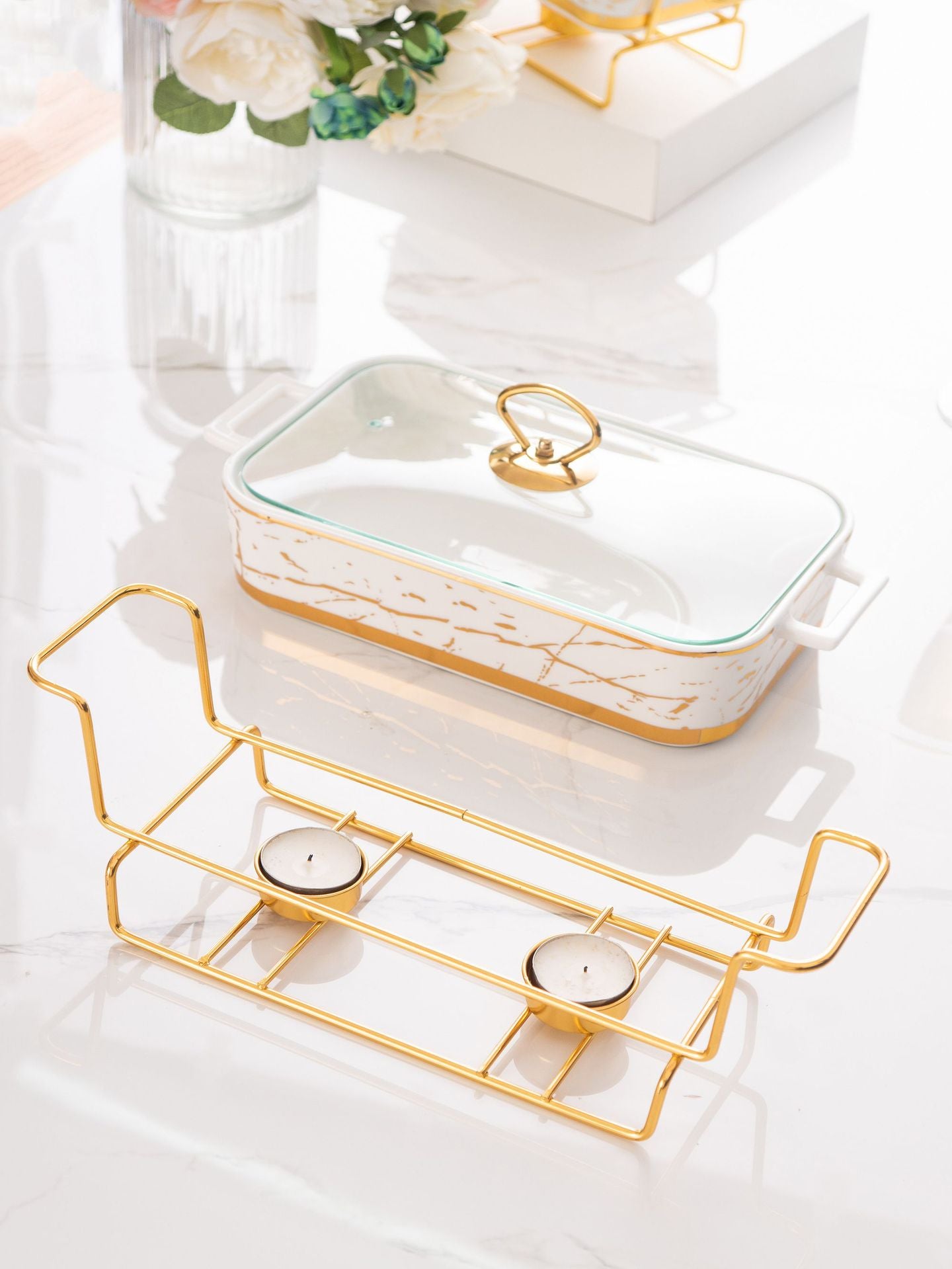 Nordic Rectangular Double Ear Ceramic Pot Baking Pan Luxury Hotel Tableware Candle Heating Creative Household Dry Pot Soup Pot