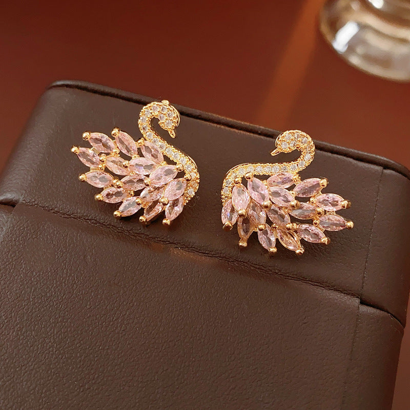 Real Gold Plated Silver Needle Zircon Swan Earrings Niche Light Luxury Exquisite ins Earrings with a high-end feel versatile for women