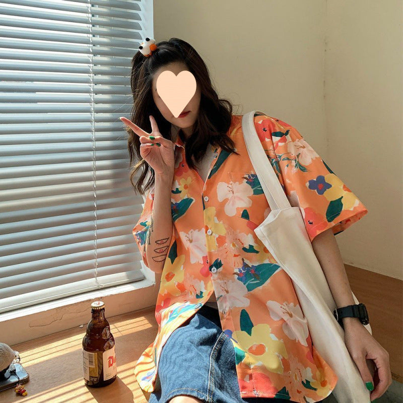 Summer Short Sleeve Floral Shirt for Men and Women Hawaiian Retro Hong Kong Style Loose Ice Silk Shirt Couple Outfit