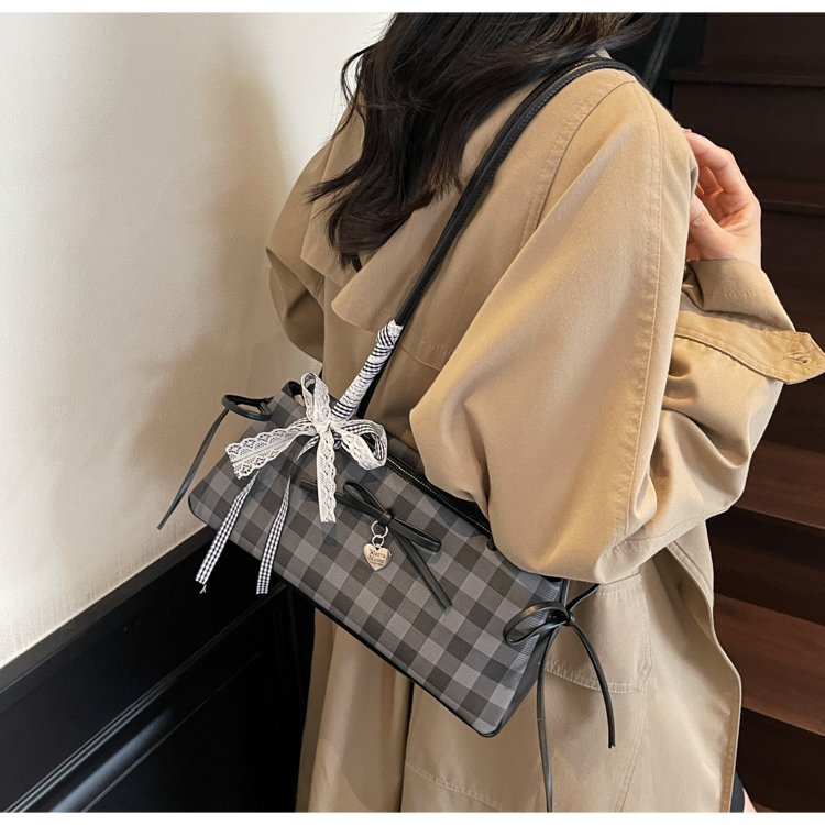 Dopamine Plaid Handbag Small Tote Bag for Women Summer2025New Ballet Style Bow Baguette Bag Underarm Bag Trendy