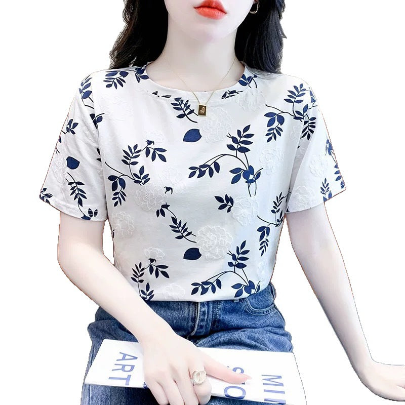 Cross-border new product milk silk round neck short-sleeved women's clothing T Floral Print Foam Base Shirt Loose Fit Women's Top