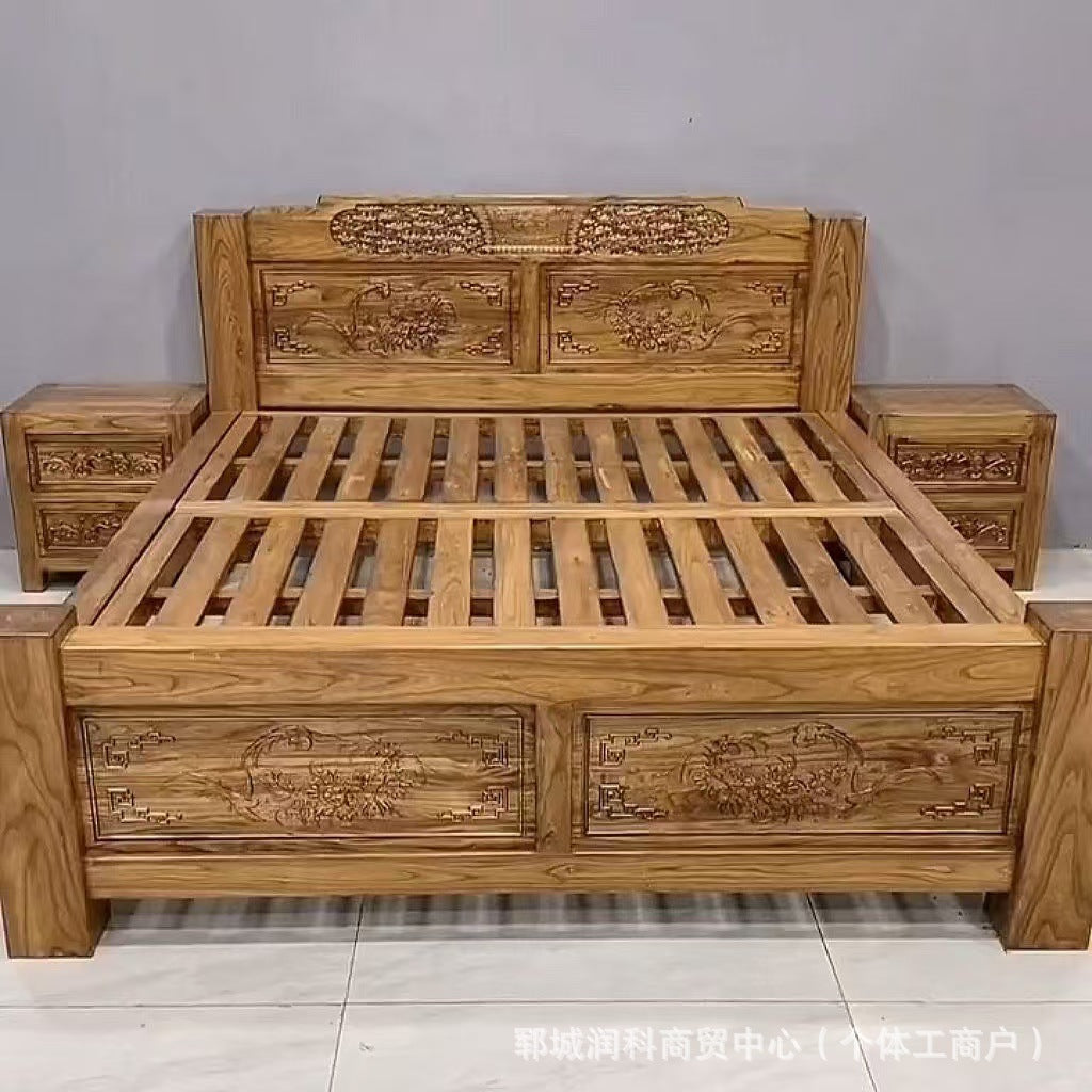 Old Elm Solid Wood Bed Modern Simple Bed Homestay Internet Celebrity Rental Dormitory Falcon Rivet Tatami Hard Board Bed