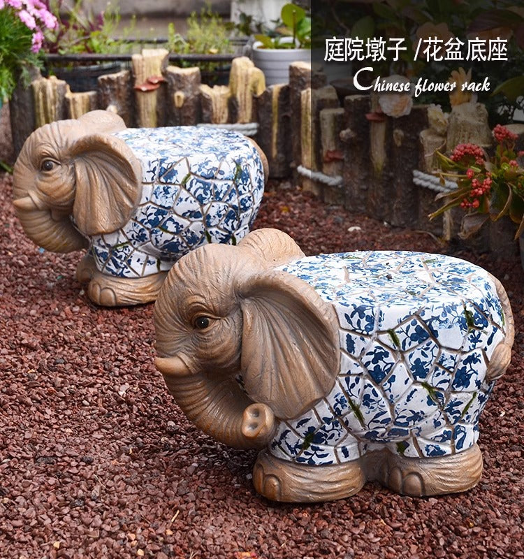 Cartoon Courtyard Animal Decoration Ornament Blue and White Elephant Stump Courtyard Garden Flower Pot Base Balcony Outdoor Chair