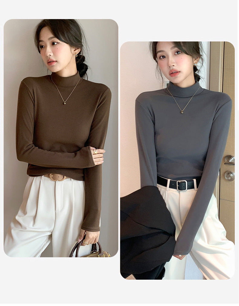 Half Turtleneck Double-Sided Thermal Base Shirt for Women, Spring and Autumn Style, Stylish Inner Wear, Solid Color, Fleece-Lined, Thickened, Warm Long-Sleeve Top
