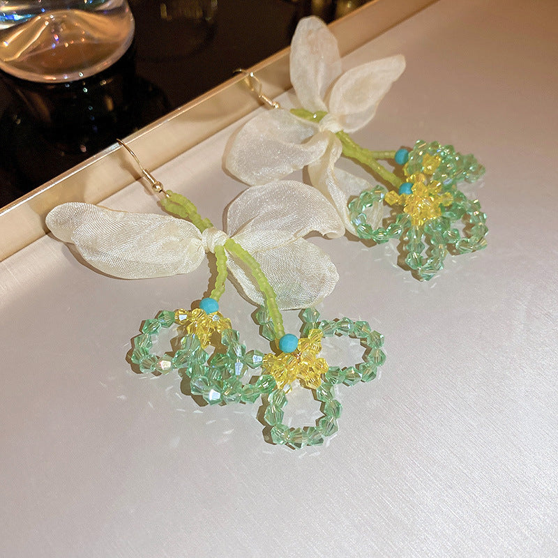 Resort Style Silver Needle Fabric Flower Tassel Earrings High-End Fashion Earrings Bohemian Sweet Exaggerated Ear Jewelry