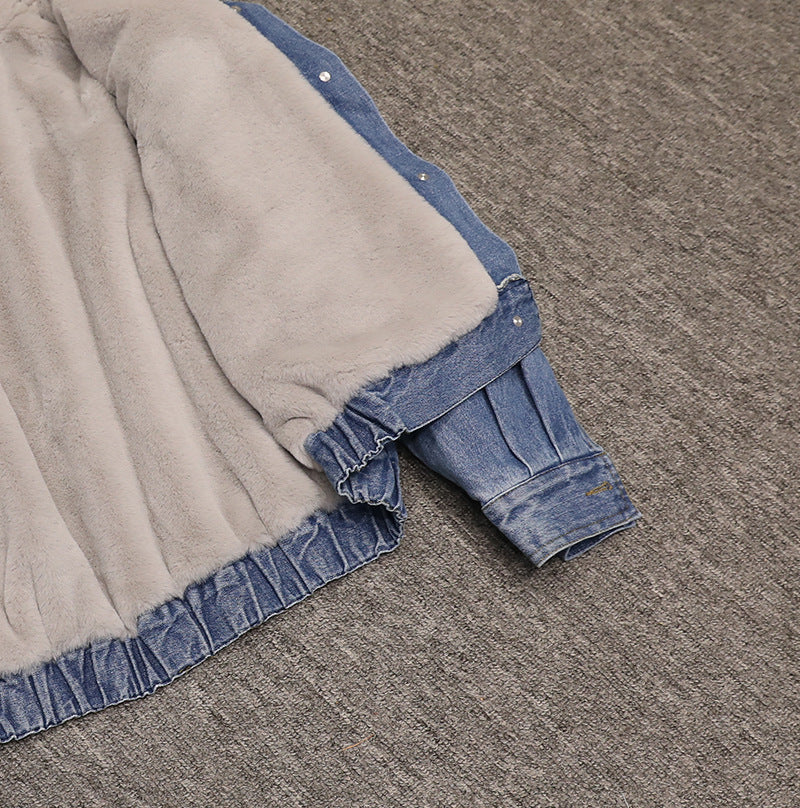 In-stock Short Cotton Jacket2025Winter Fleece-Lined New Cotton Jacket Loose Korean Style Denim Fur Collar Thickened Coat for Women