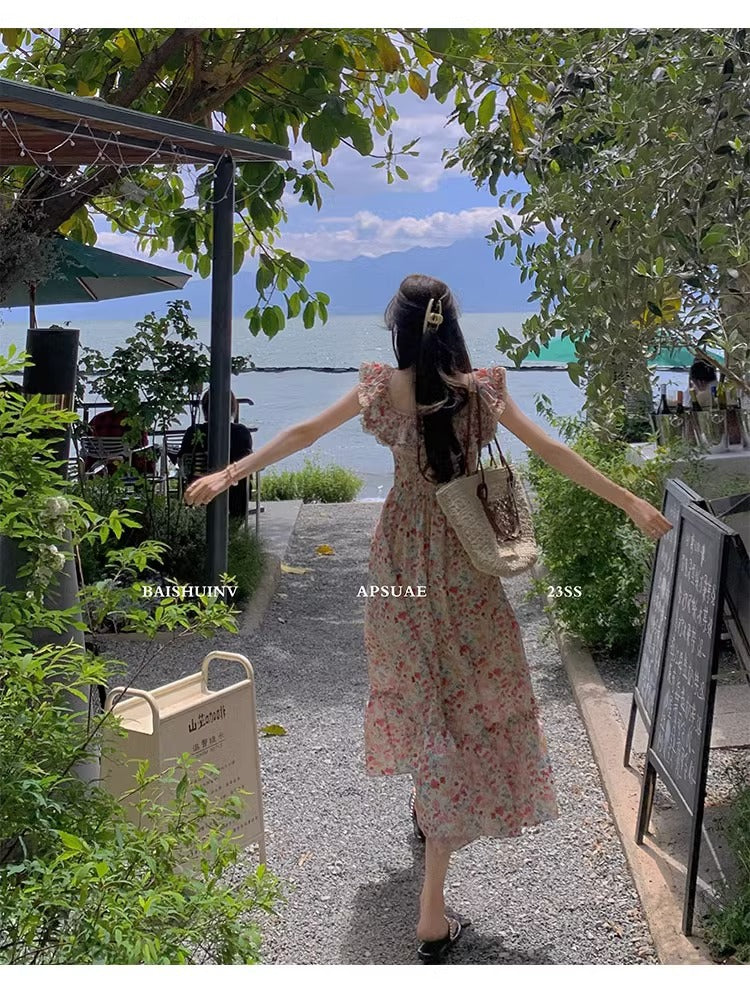 Floral Square Neck Slim Fit Women's Dress for Beach Vacation Casual Long Dress