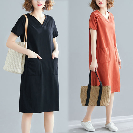 Plus Size Women's Summer Loose Korean Style Mid-Length Dress T Shirt and Skirt for Plus Size mm Solid Color V Collared Slimming Short Sleeve Dress