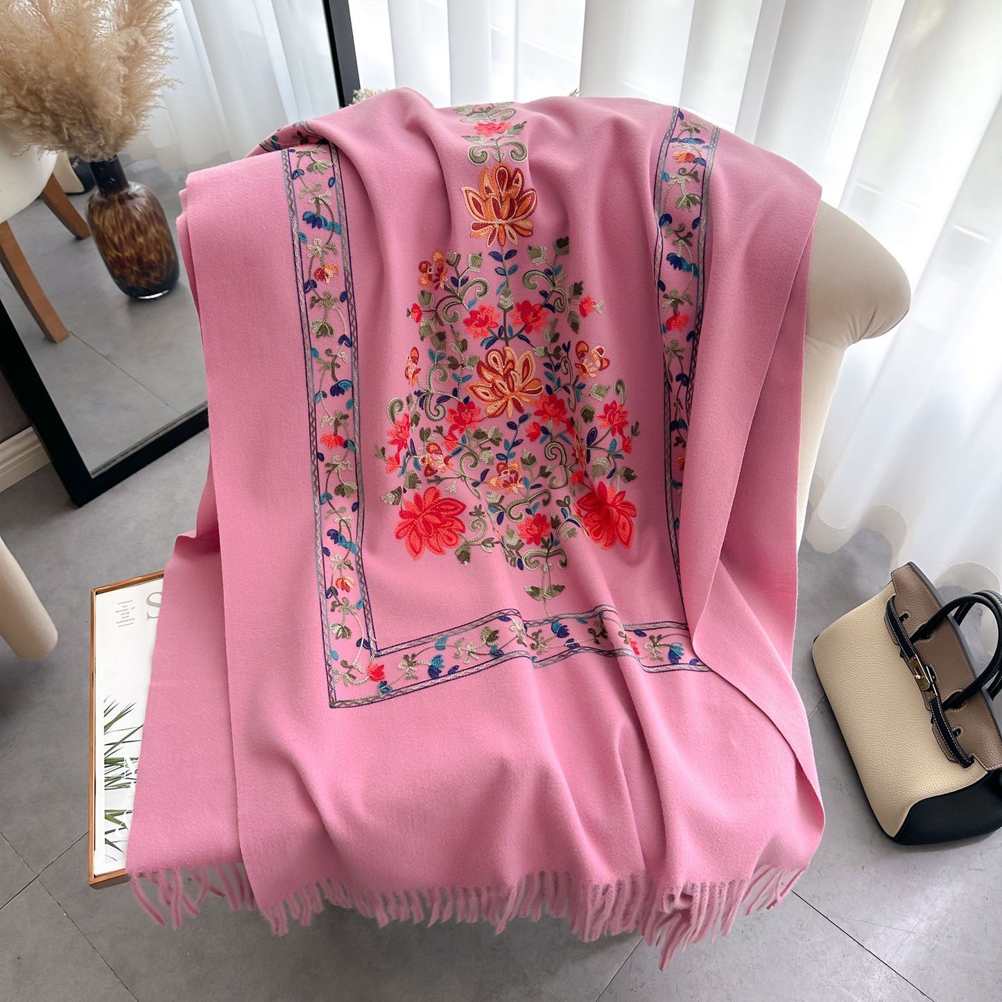Bright Red Gold Thread Embroidered Scarf for Women Winter Versatile Wool Thickened Warm Cashmere Large Shawl for Women Dual-use Outerwear