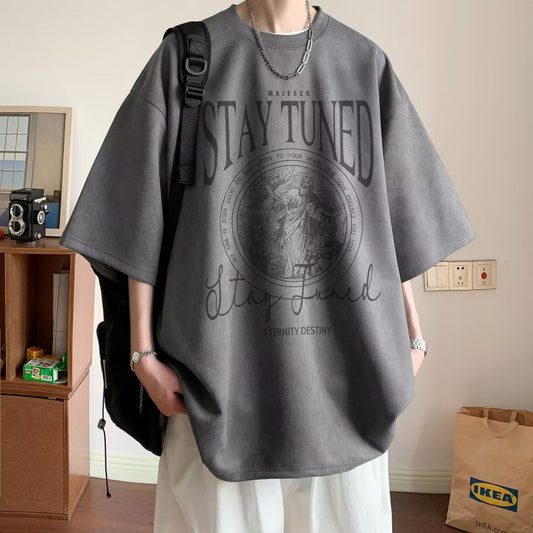 2025New Faux Suede Short Sleeve Men's Summer New American Style Heavyweight Trendy Loose Half Sleeve T Trendy Five-Sleeve Shirt