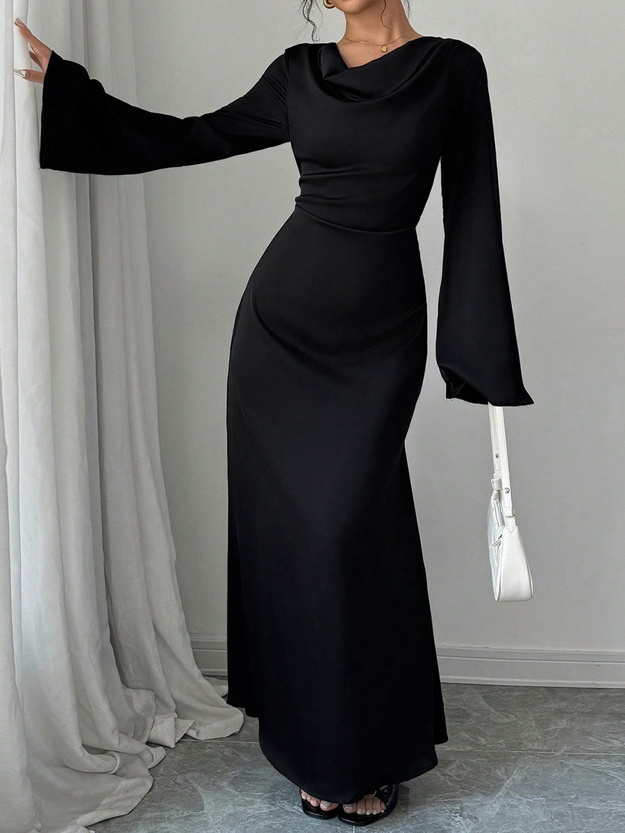 Pear-shaped Body Wear Women's Long-sleeved Loose Belted Waist Black Long Dress High-end Sense of Temperament Style Dress for Women