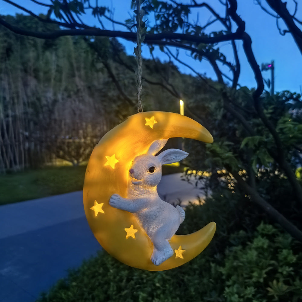Cute Rabbit Moon Solar Pendant Outdoor Garden Courtyard Tree Hanging Balcony Pipe Kindergarten Decoration Ornament