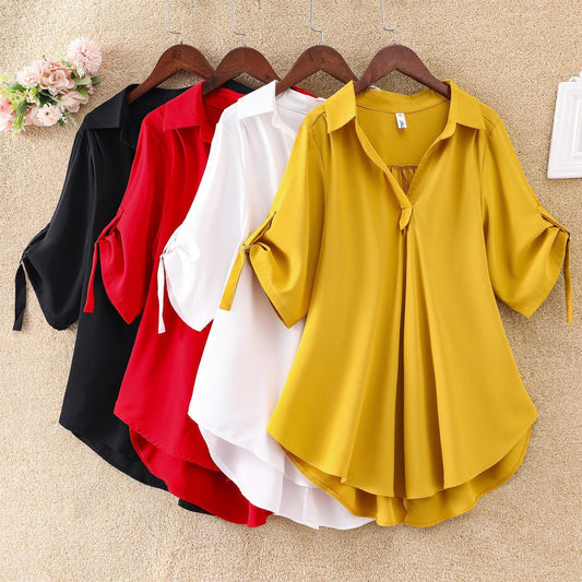 Women's Mid-Length Short Sleeve Chiffon Blouse2025Summer New Large Size Loose Waist Slimming Chiffon Blouse for Women Trendy