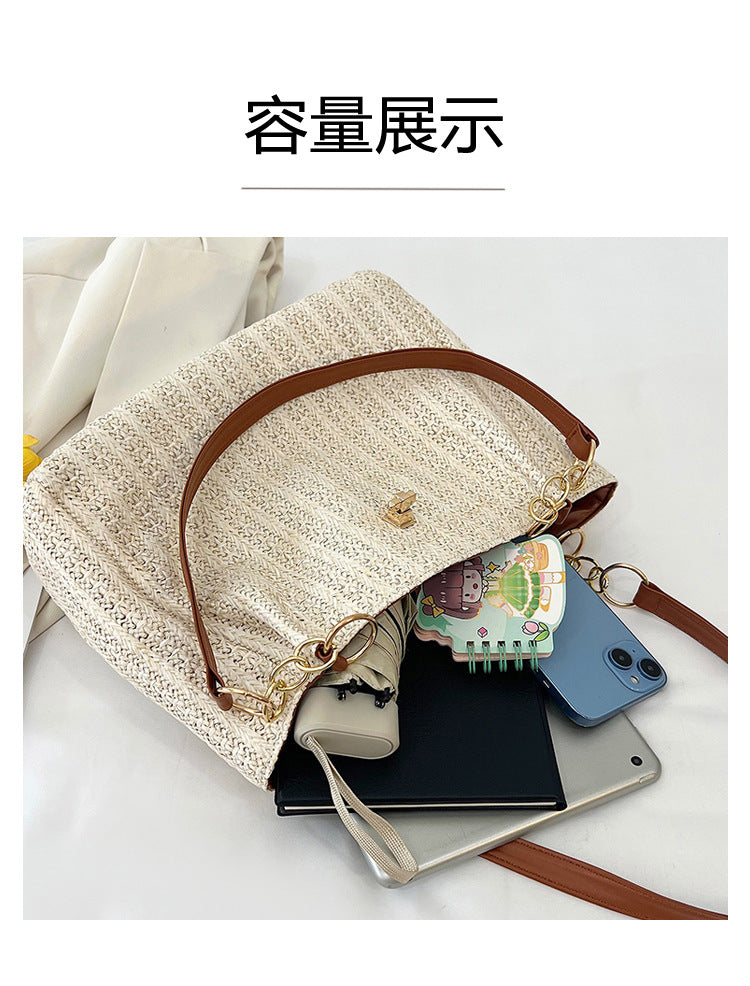 2025Women's Spring New Small Chanel Style Bag for Work Commute Versatile Straw Woven Large Capacity Wide Shoulder Strap Women's Single Shoulder Bag