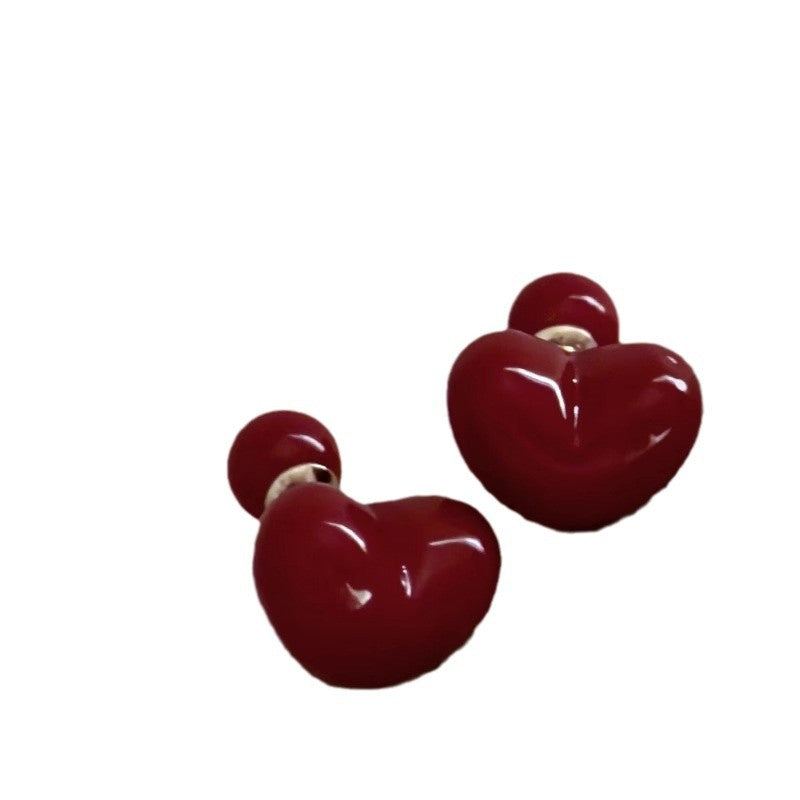 Heart-shaped Cherry925Silver Needle Vintage Autumn Winter Wine Red Heart Ball Double-Sided Earrings2024New Fashion