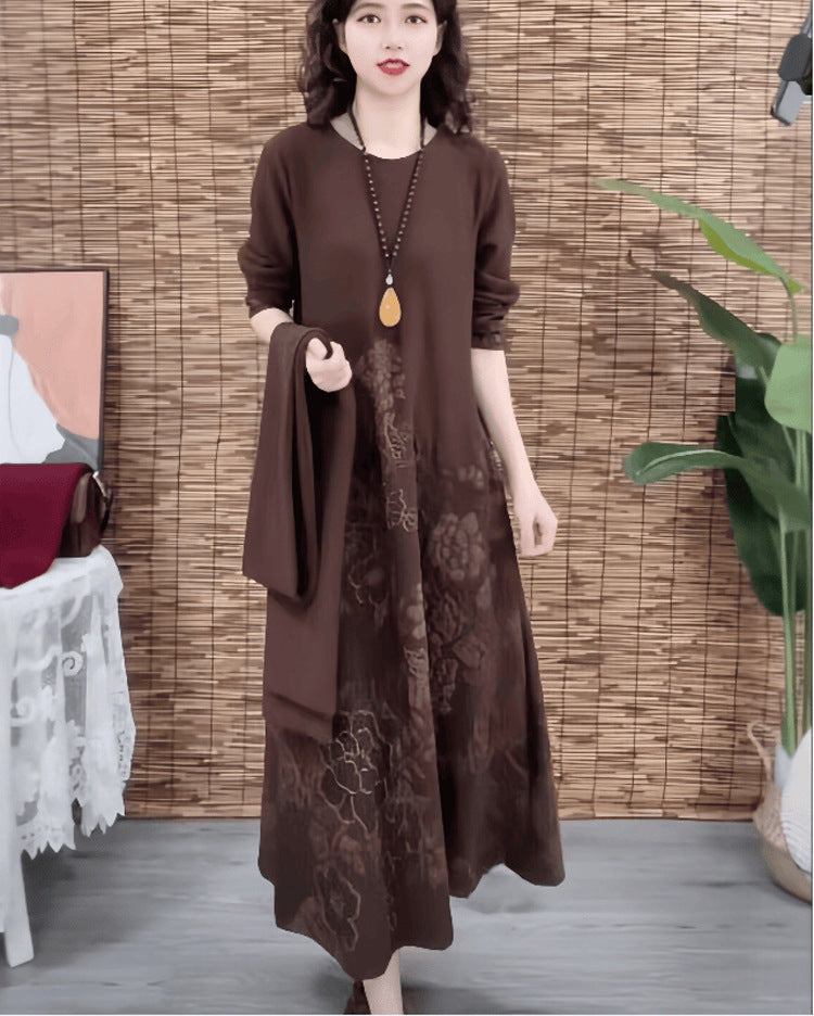 High-End Boutique New Autumn Winter Fashion Elegant Middle-Aged Women's Long Dress Slimming Dress with Scarf
