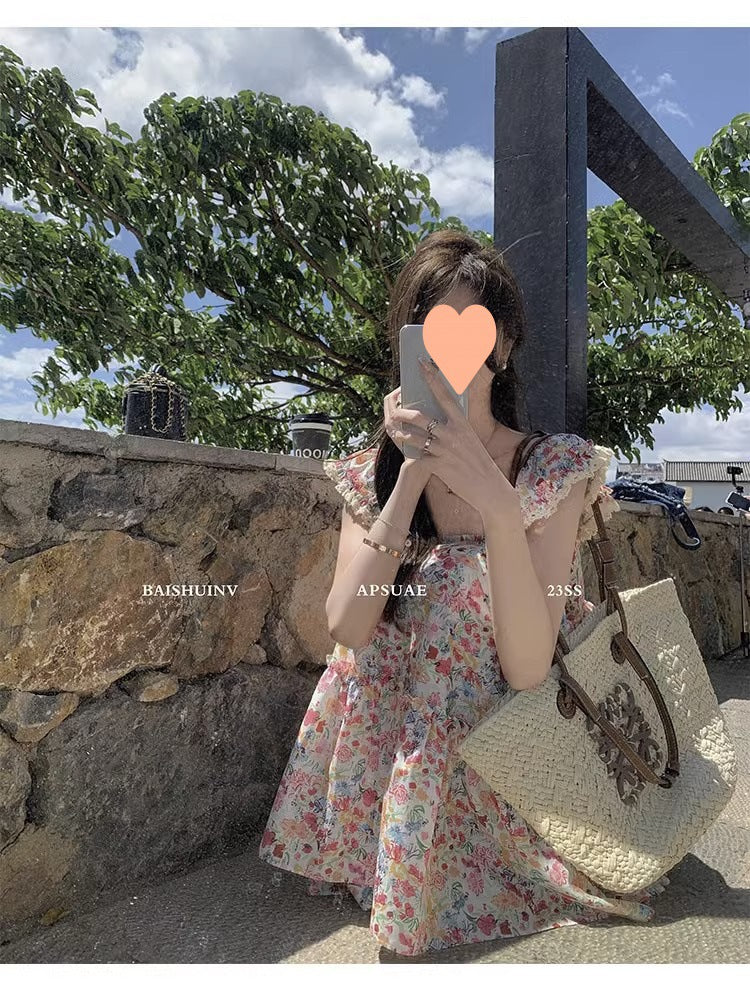 Floral Square Neck Slim Fit Women's Dress for Beach Vacation Casual Long Dress