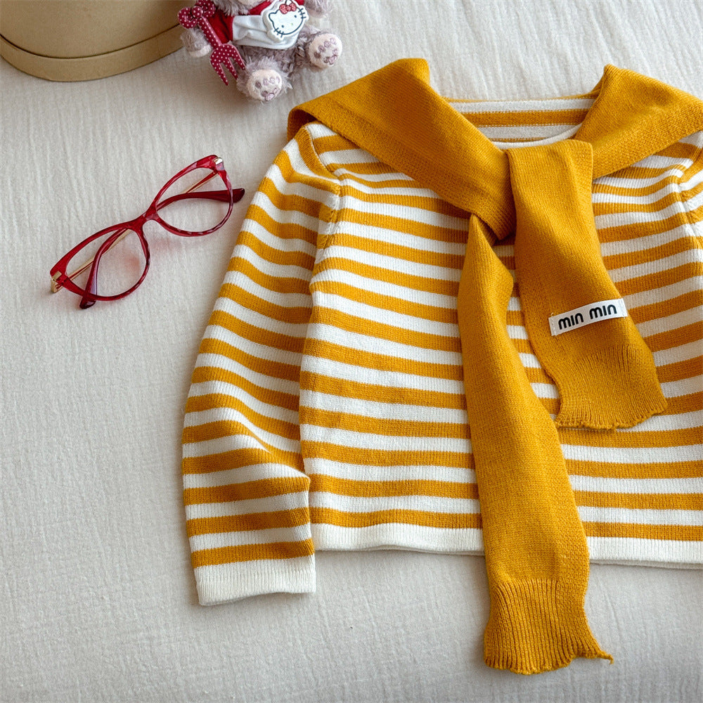 Girls' Striped Shawl Knitted Base Shirt for Outerwear, Autumn New Fashionable Color-Block Round Neck Long Sleeve T T shirt